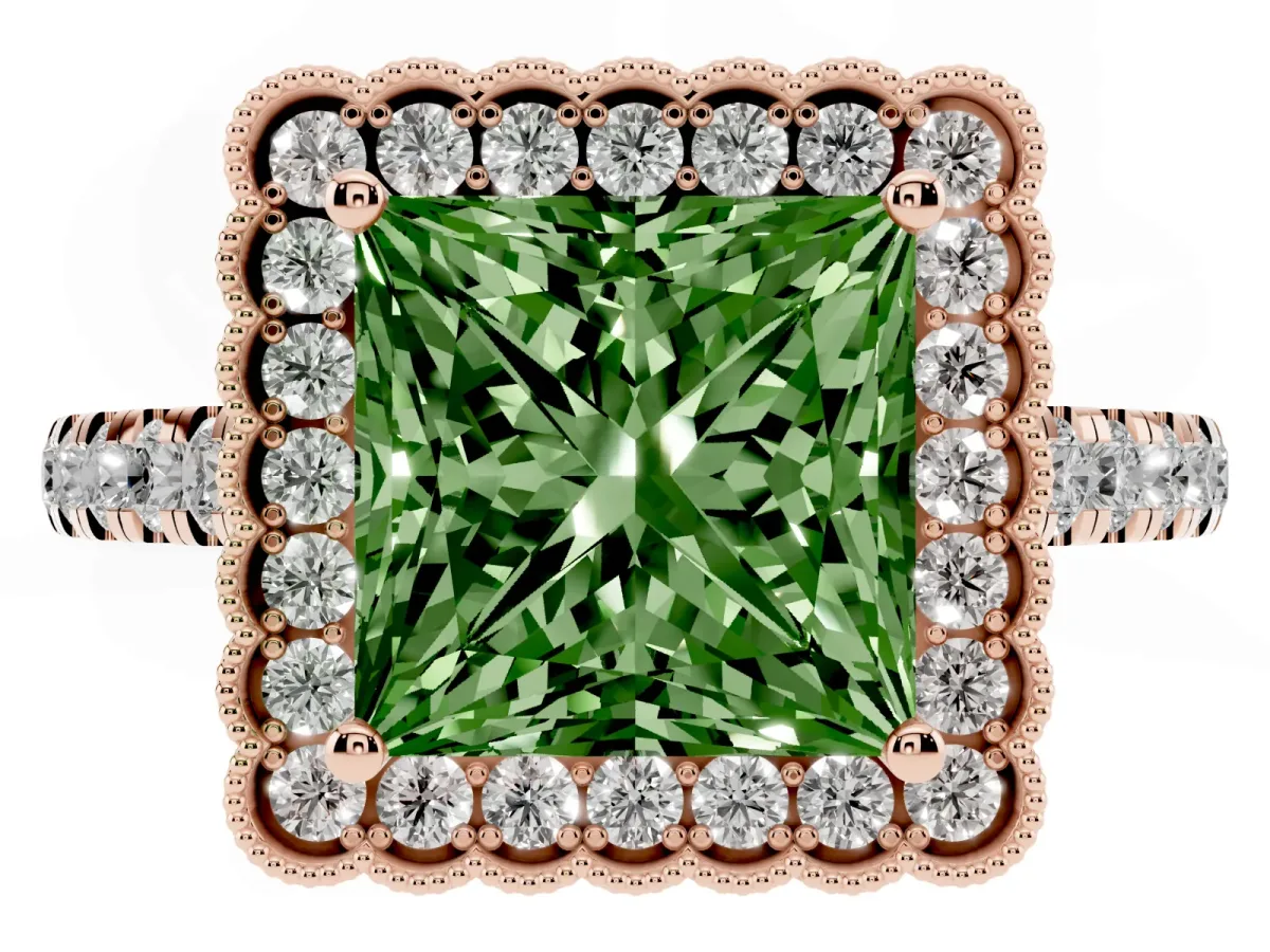 Fancy Green Princess Cut Cut Diamond Milgrain Floral Halo Engagement Ring with Pavé Band Rose gold