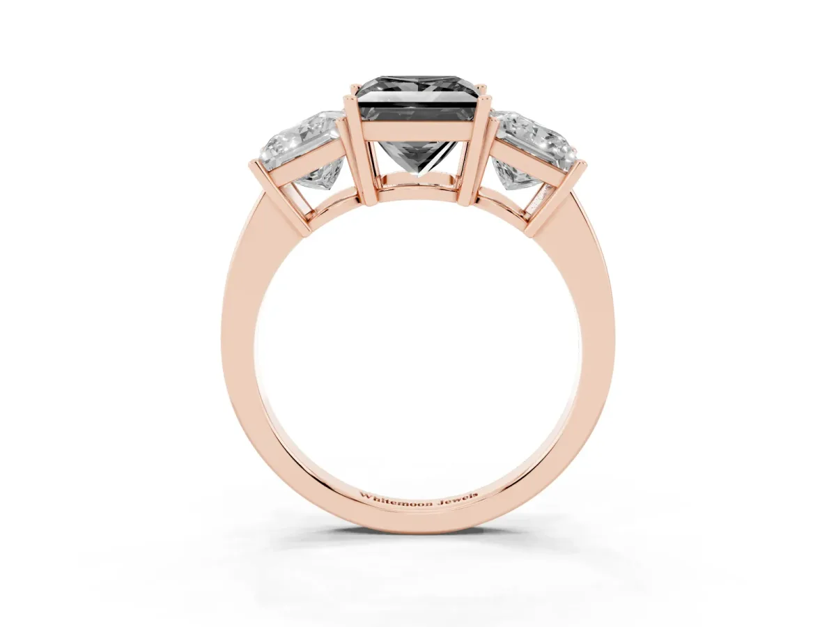 Fancy Black Three-Stone Princess Cut Cut Diamond Engagement Ring with Flat Band and Four-Prong Setting Rose gold