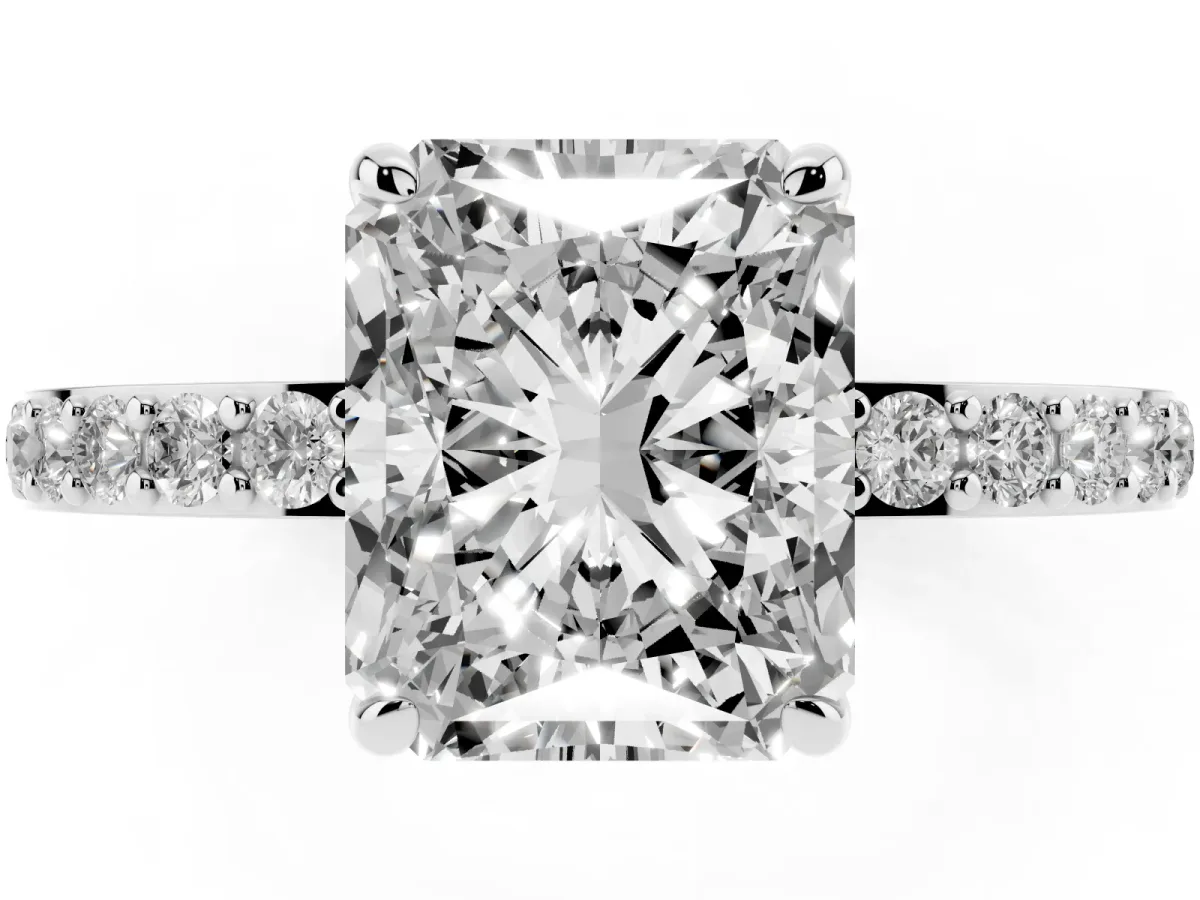 Radiant Cut Diamond Pavé Engagement Ring with Round Accents and Prong Setting Silver