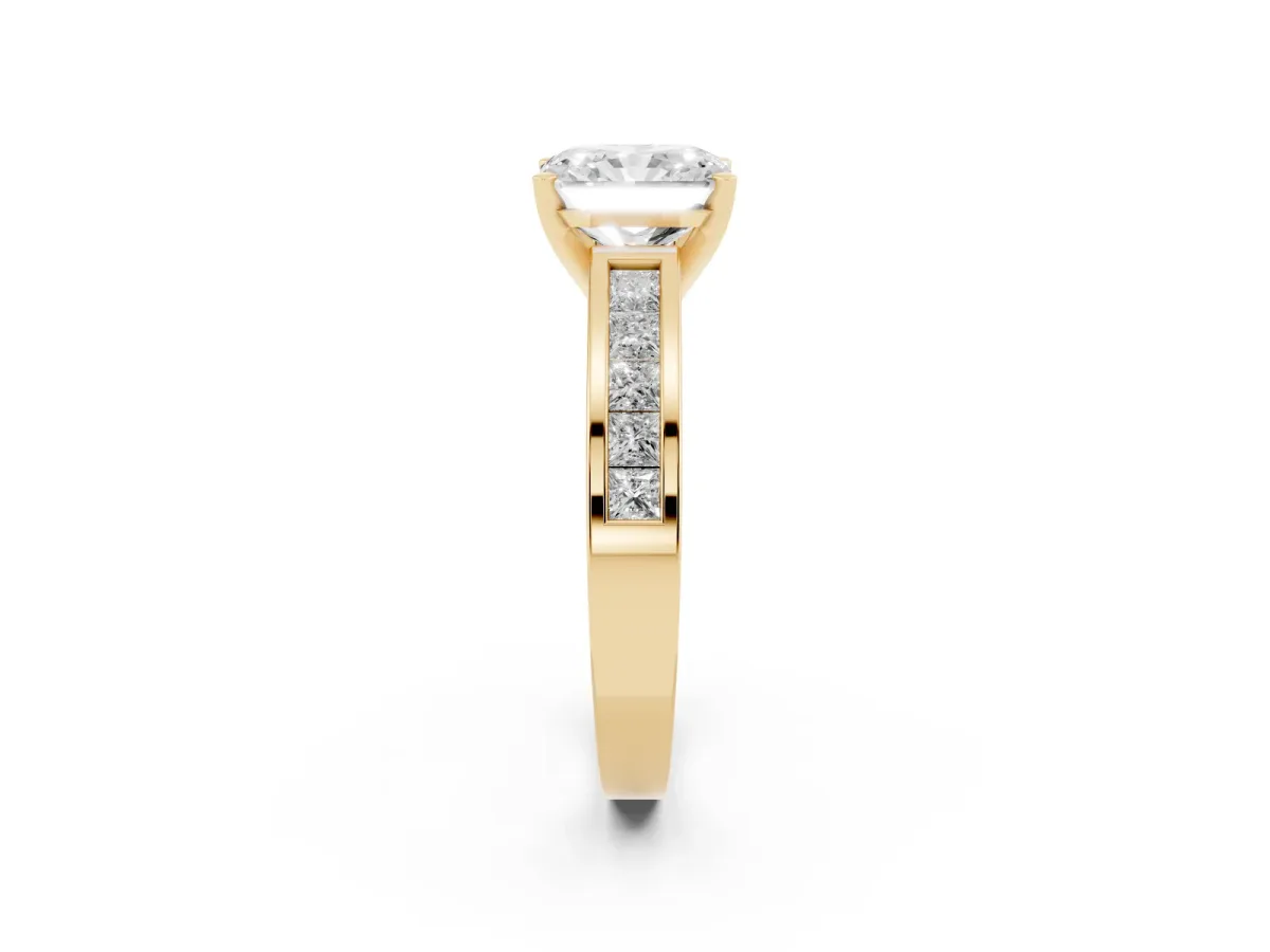 Radiant Cut Solitaire Diamond Ring with Channel-Set Band and Four-Prong Setting Yellow gold