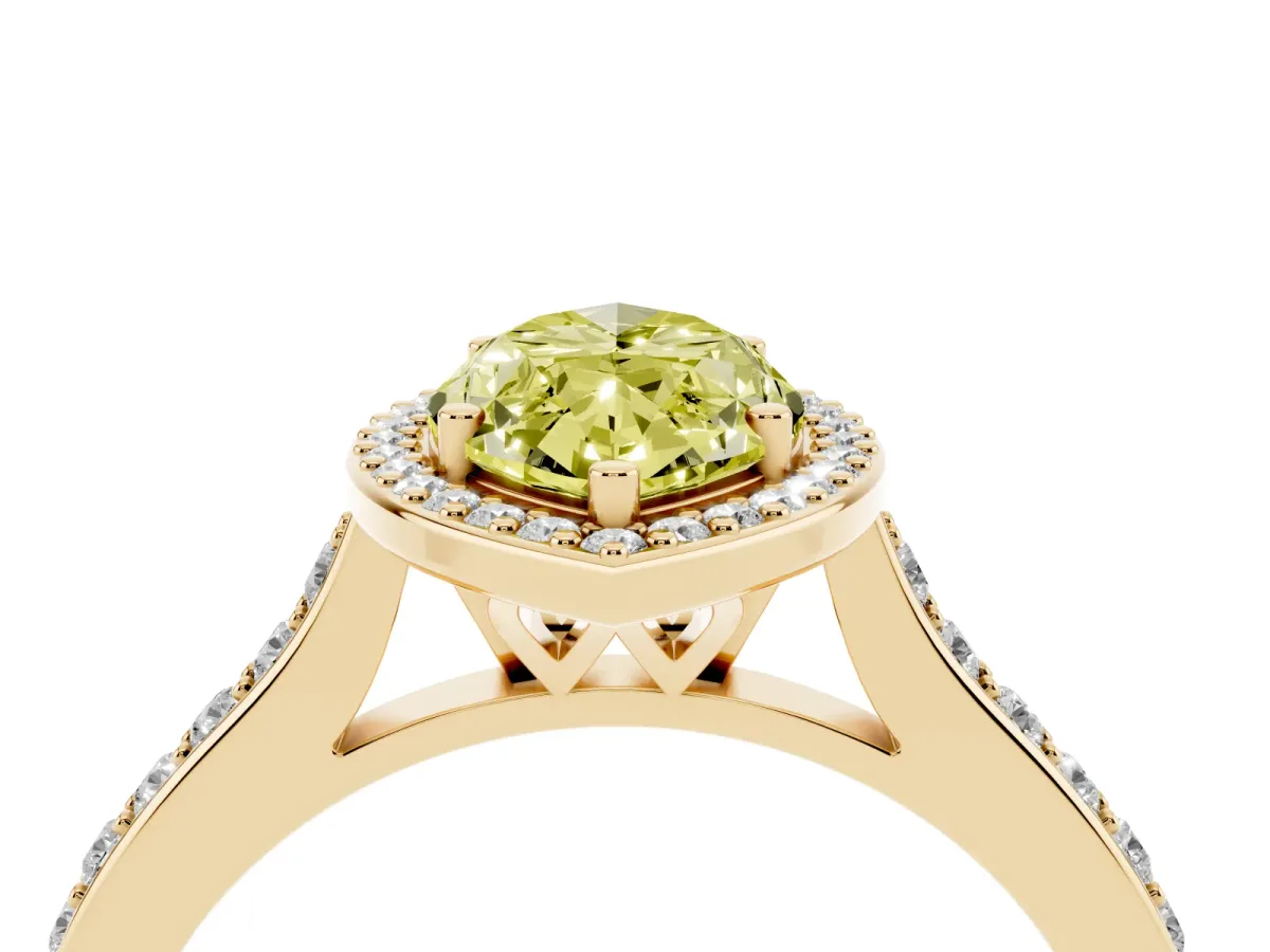 Fancy Yellow Marquise Cut Diamond Halo Engagement Ring with Round Pavé Shoulders and Prong Setting Yellow gold