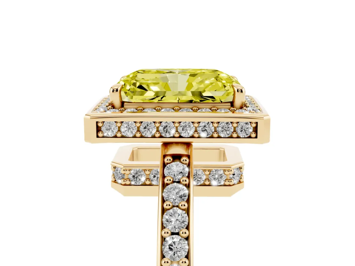 Fancy Yellow Radiant Cut Halo Pave Band Solitaire Ring with Prong Setting Yellow gold