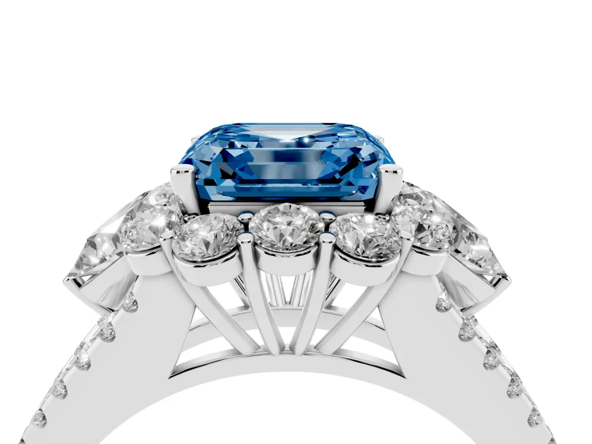 Fancy Blue Asscher Cut Halo Split Shank Diamond Engagement Ring with Prong Setting Silver
