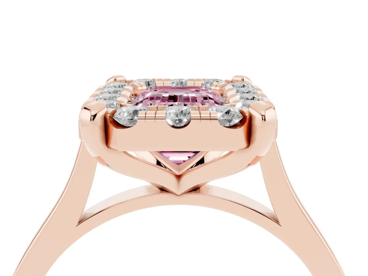 Fancy Pink Emerald Cut Diamond Cluster Halo Solitaire with Four-Prong Setting Rose gold