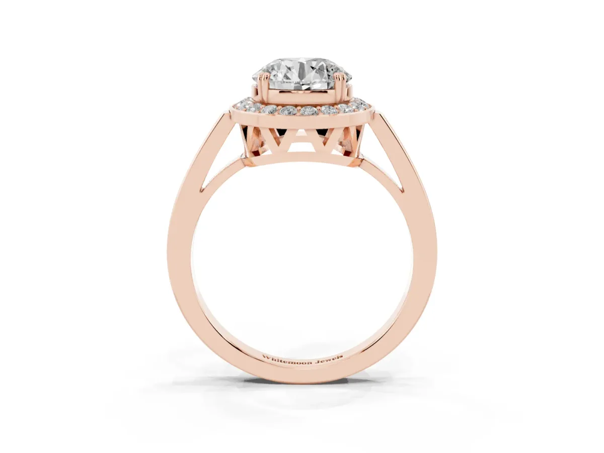 Round Cut Diamond Halo Ring with Split Shank and Four-Prong Setting Rose gold