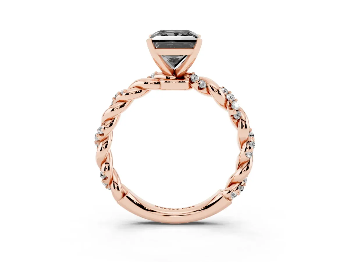 Fancy Black Princess Cut Diamond Solitaire Ring with Twisted Band and Pavé Accents Rose gold