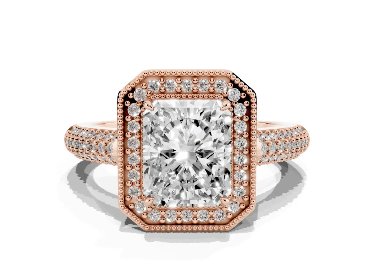 Radiant Cut Cut Halo Diamond Pave Band with Four-Prong Setting Rose gold