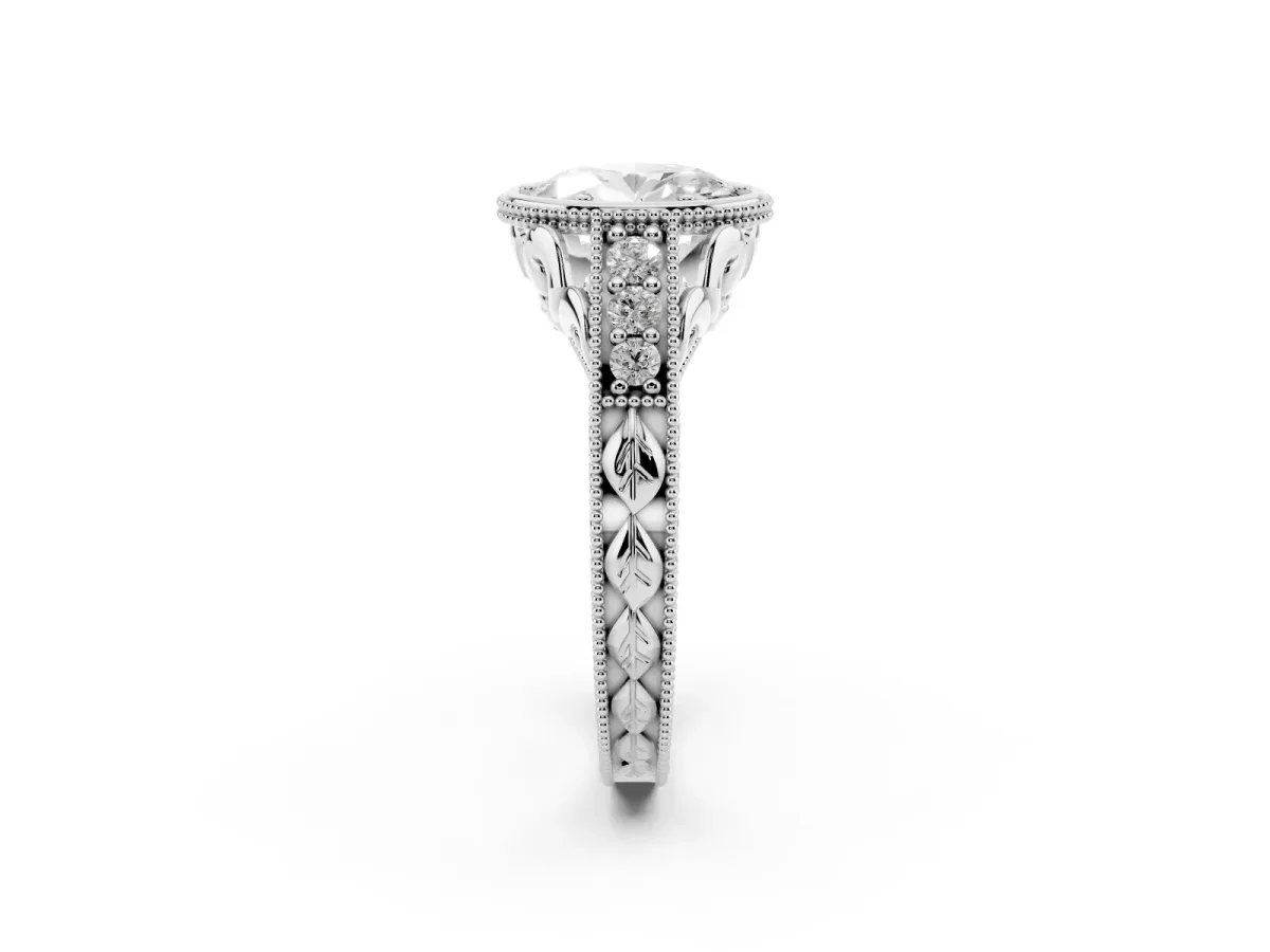 Bezel Set Oval Cut Diamond Milgrain Pave Engagement Ring Silver
