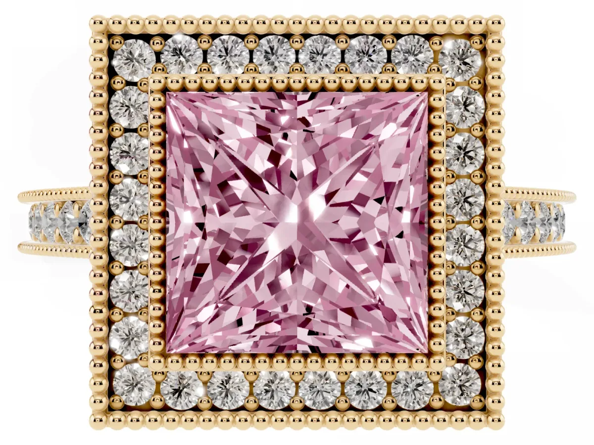 Fancy Pink Halo Princess Cut-Cut Diamond Pave Band Milgrain Prong Setting Ring Yellow gold