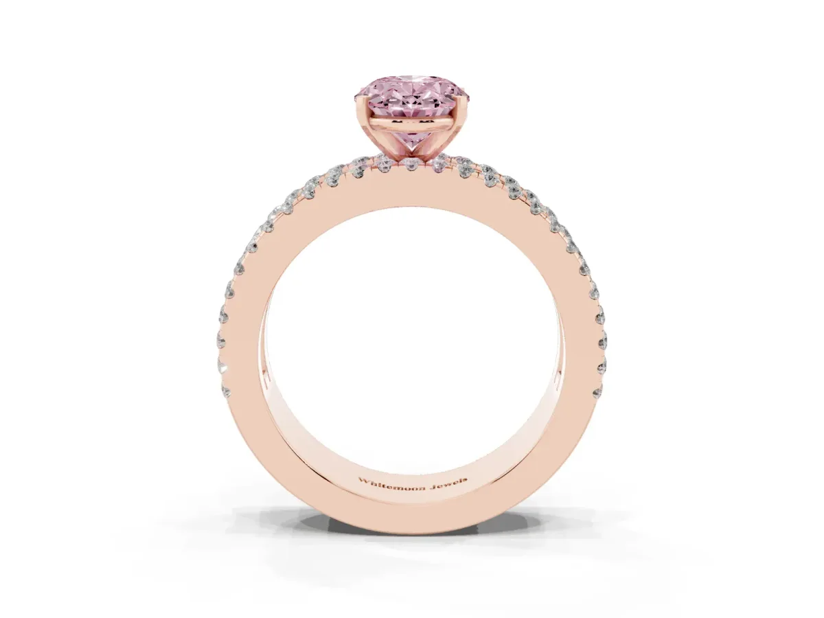 Fancy Pink Oval Cut Diamond Solitaire Ring with Pavé and Channel Set Band Rose gold