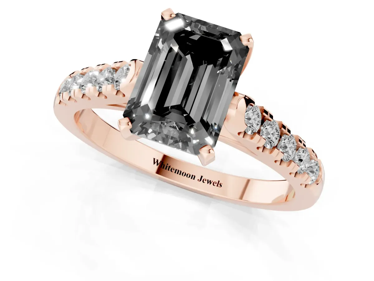 Fancy Black Emerald Cut Diamond Pavé Band Solitaire Ring with Prong Setting Rose gold