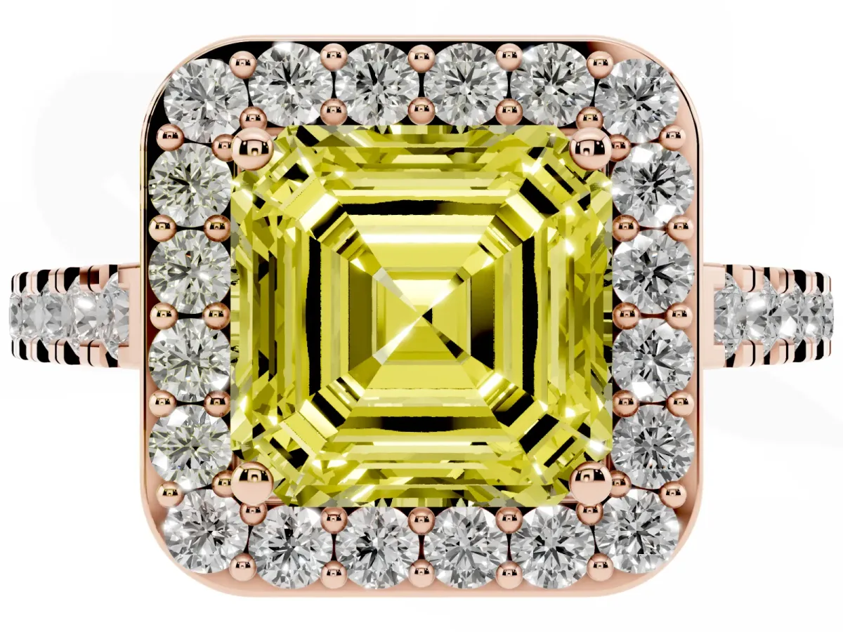 Fancy Yellow Asscher Cut Diamond Halo Ring with Round Pavé Split Shank and Prong Setting Rose gold