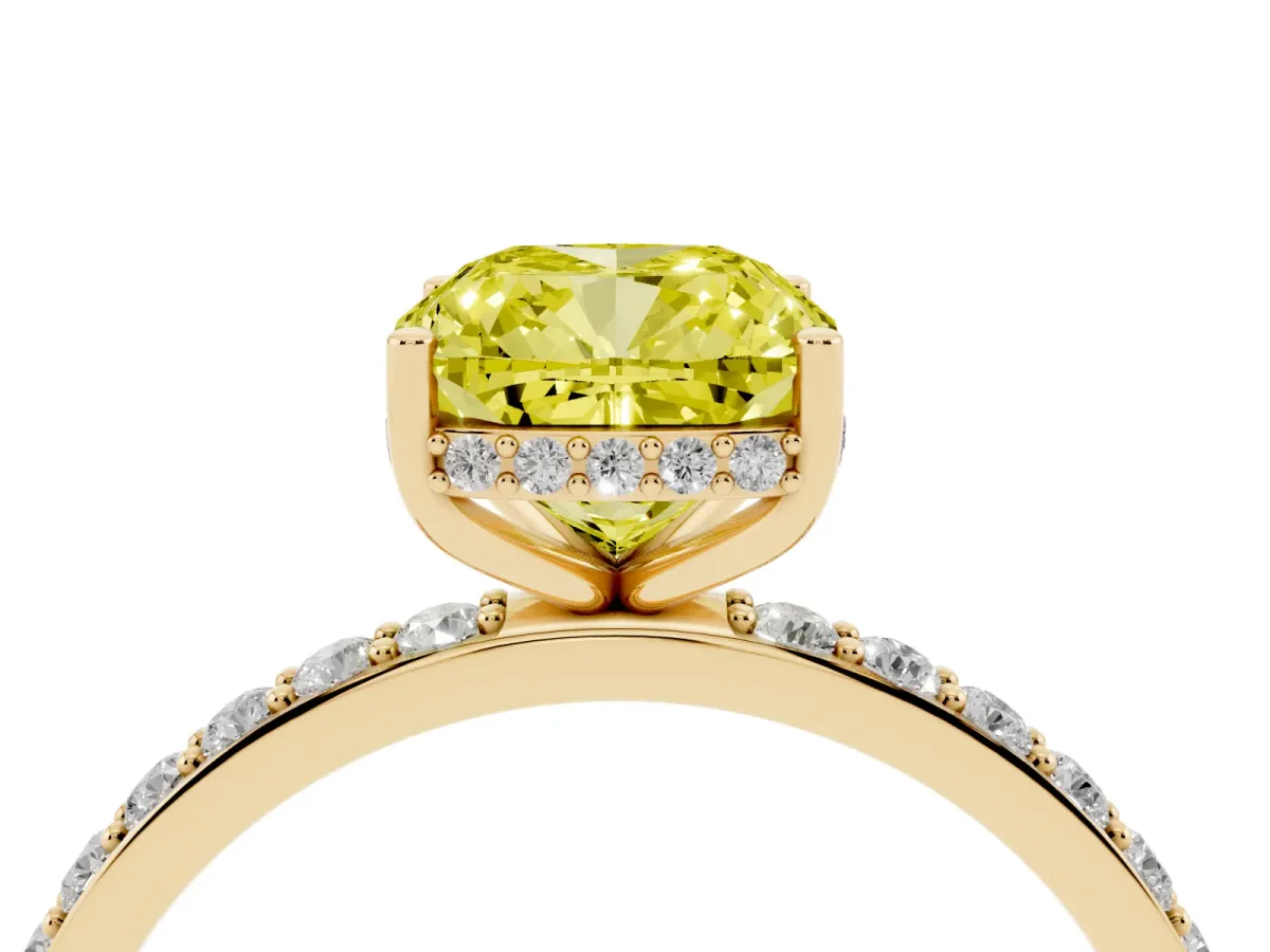 Fancy Yellow Cushion Cut Diamond Solitaire Ring with Pavé Band and Hidden Halo Yellow gold