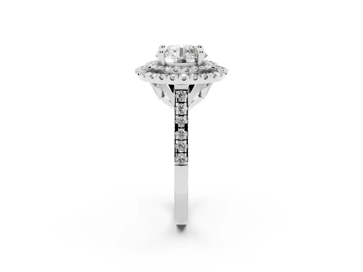 Double Halo Round Cut Diamond Pavé Band with Four-Prong Setting Silver