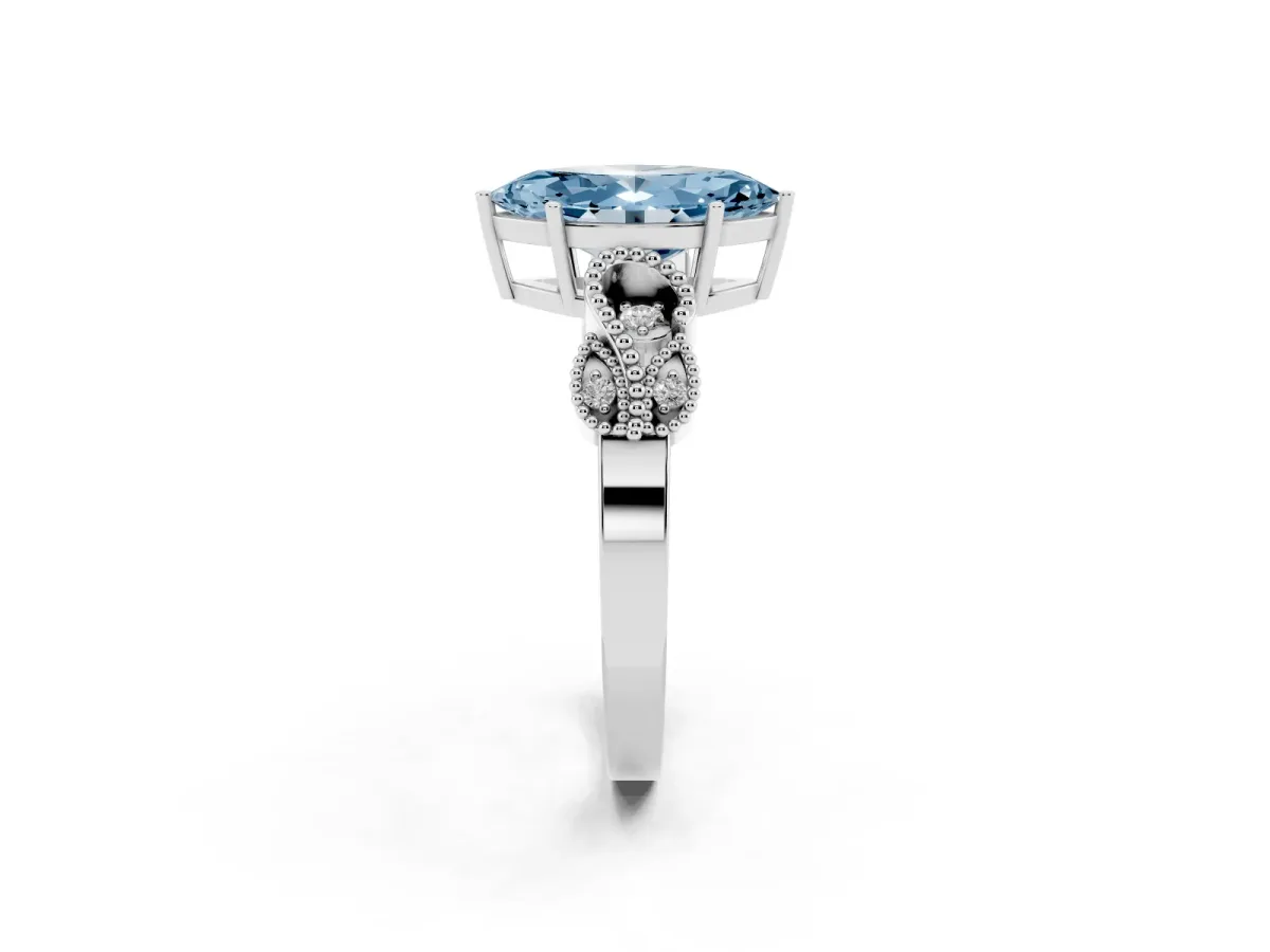 Fancy Blue Marquise Cut Solitaire Milgrain Leaf Band with Prong Setting Platinum