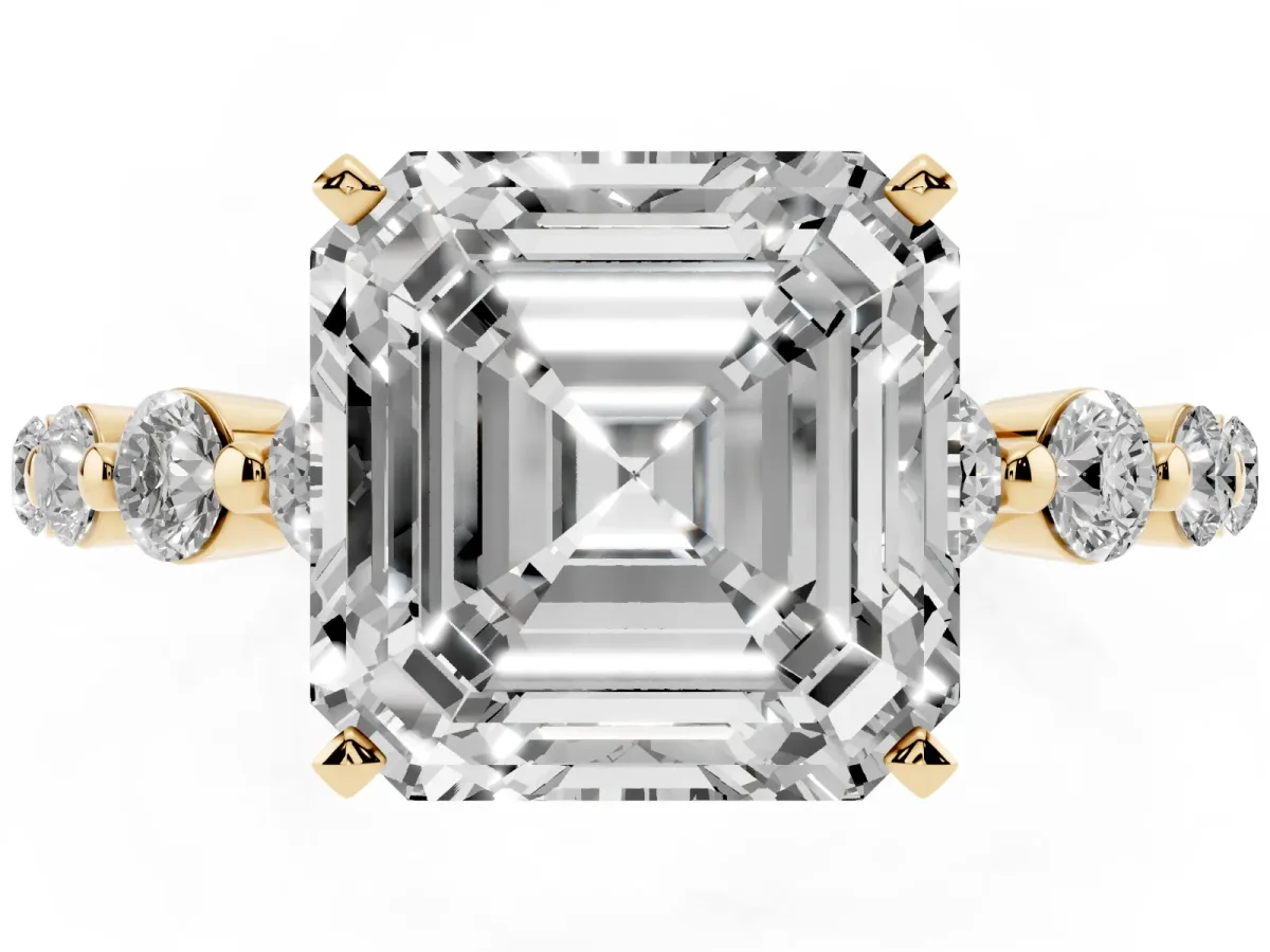 Asscher Cut Solitaire Diamond Ring with Pave Band and Four-Prong Setting Yellow gold