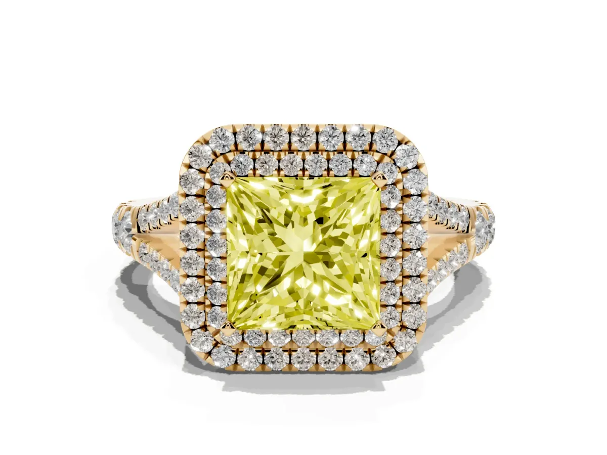 Fancy Yellow Princess Cut Cut Double Halo Split Shank Diamond Ring with Prong Setting Yellow gold