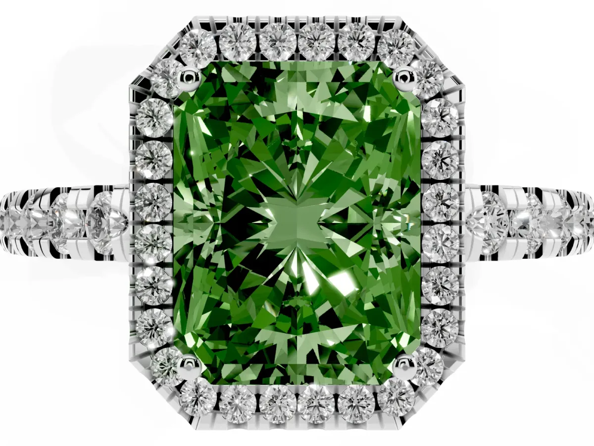 Fancy Green Radiant Cut Diamond Halo Ring with Pavé Band and Four-Prong Setting Platinum