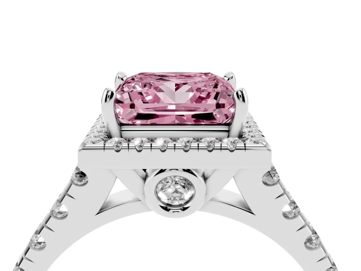 Fancy Pink Princess Cut Halo Pavé Diamond Engagement Ring with Four-Prong Setting Silver