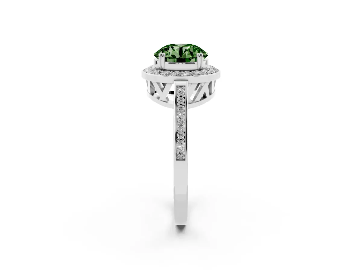 Fancy Green Round Cut Diamond Halo Ring with Split Shank and Four-Prong Setting Silver