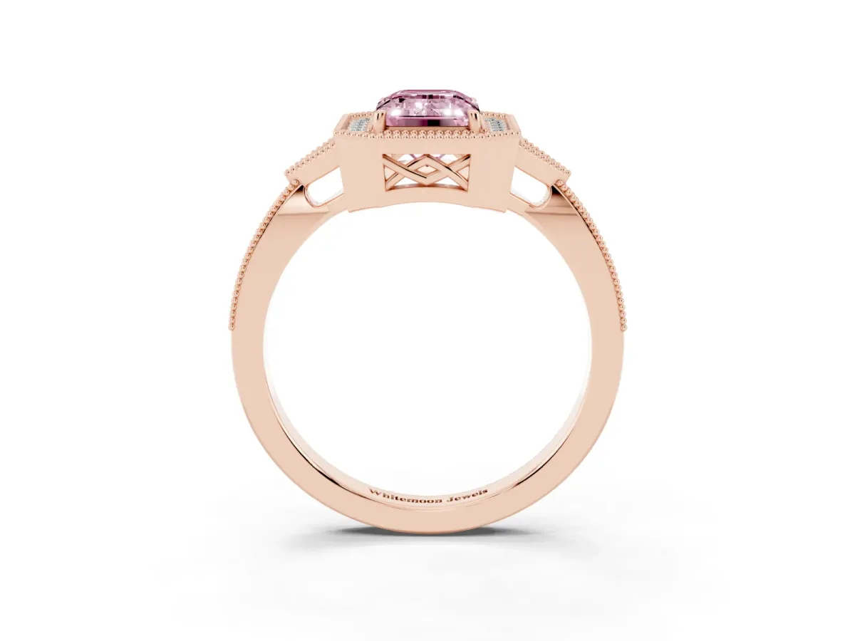 Fancy Pink Emerald Cut Halo Round Diamond Milgrain Pave Engagement Ring Rose gold