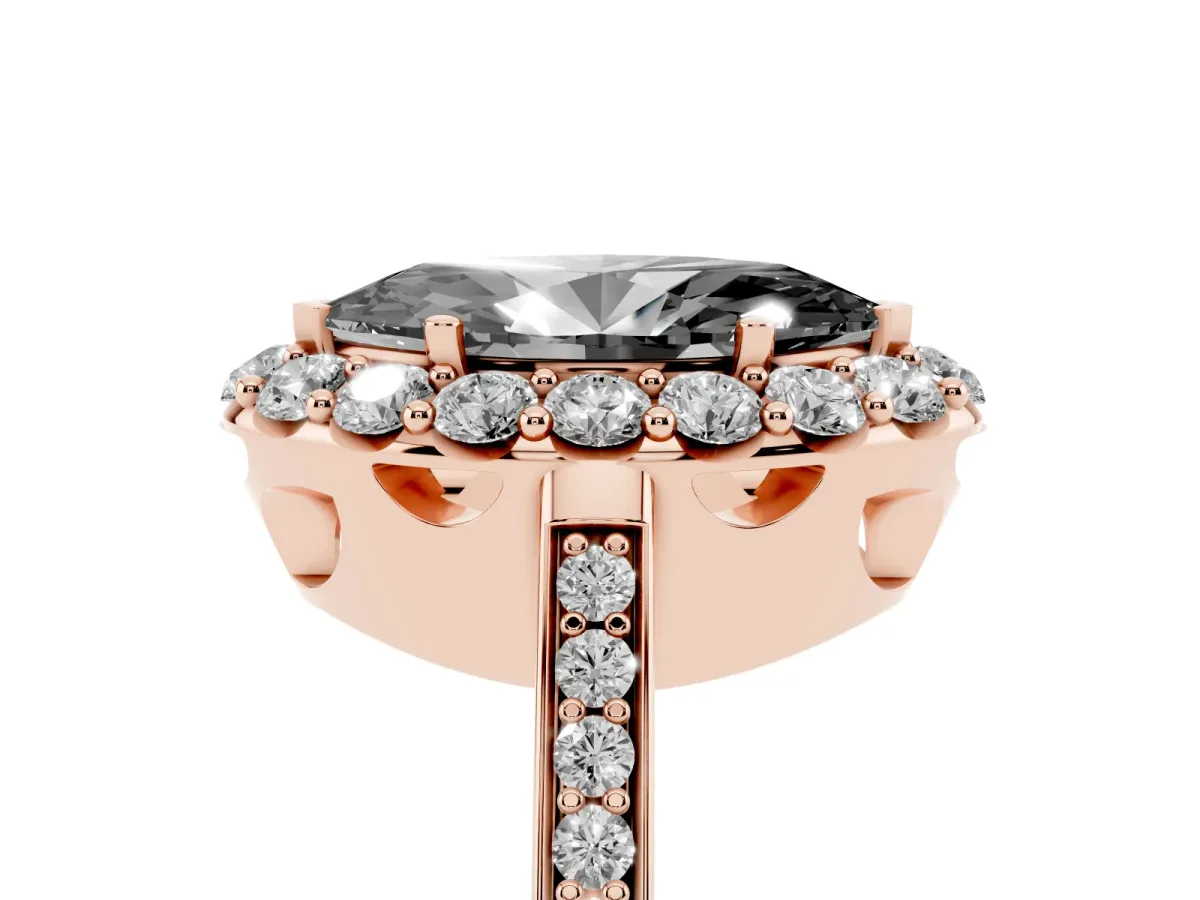 Fancy Black Marquise Cut Diamond Floral Halo Ring with Pavé Band and Prong Setting Rose gold