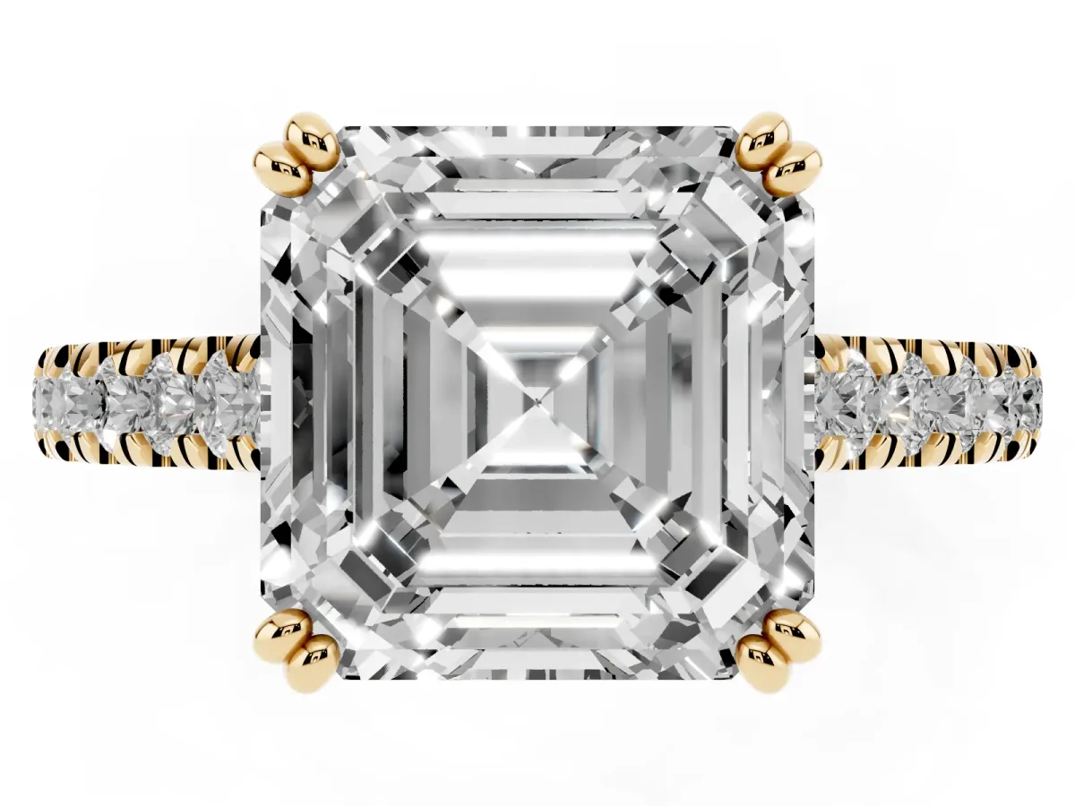 Asscher Cut Solitaire Pave Diamond Engagement Ring with Prong Setting Yellow gold