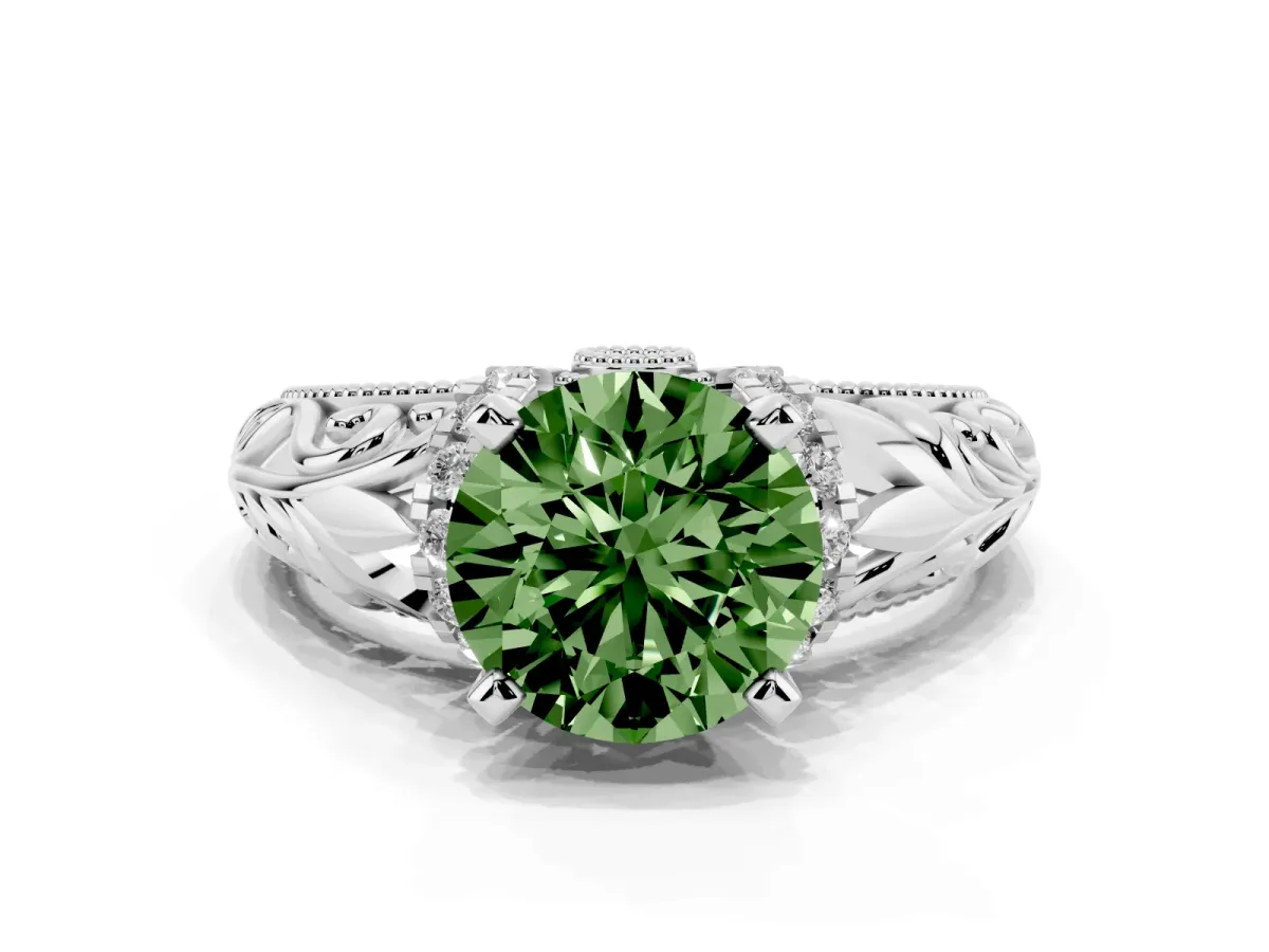 Fancy Green Round Cut Solitaire Filigree Engagement Ring with Halo and Prong Setting Silver