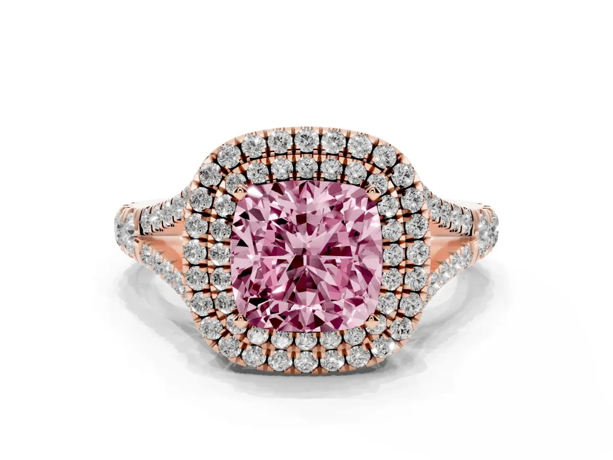 Fancy Pink Cushion Cut Diamond Pavé Split Shank Double Halo Engagement Ring Rose gold