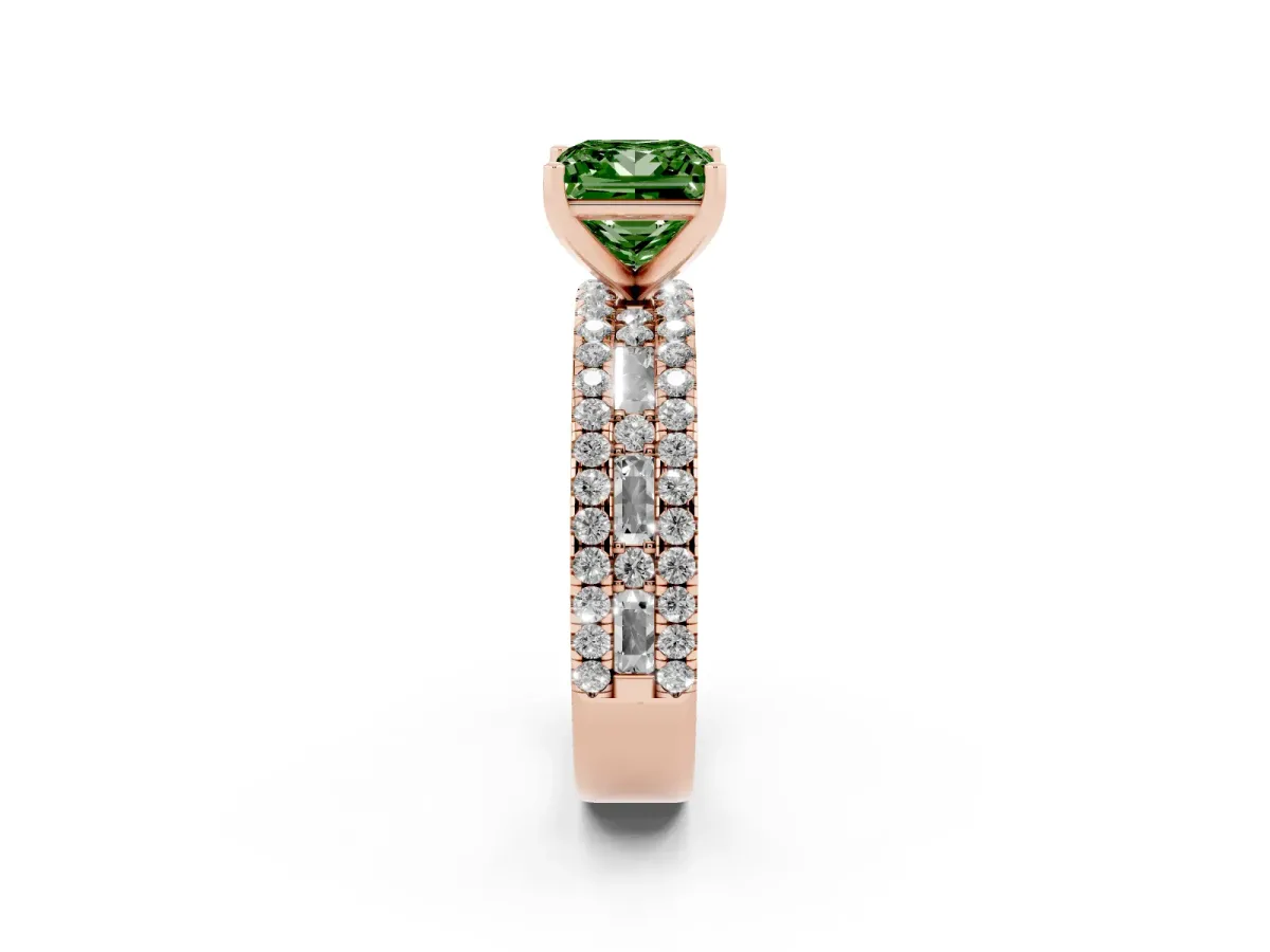 Fancy Green Princess Cut Diamond Solitaire Ring with Pavé and Channel Set Band Rose gold