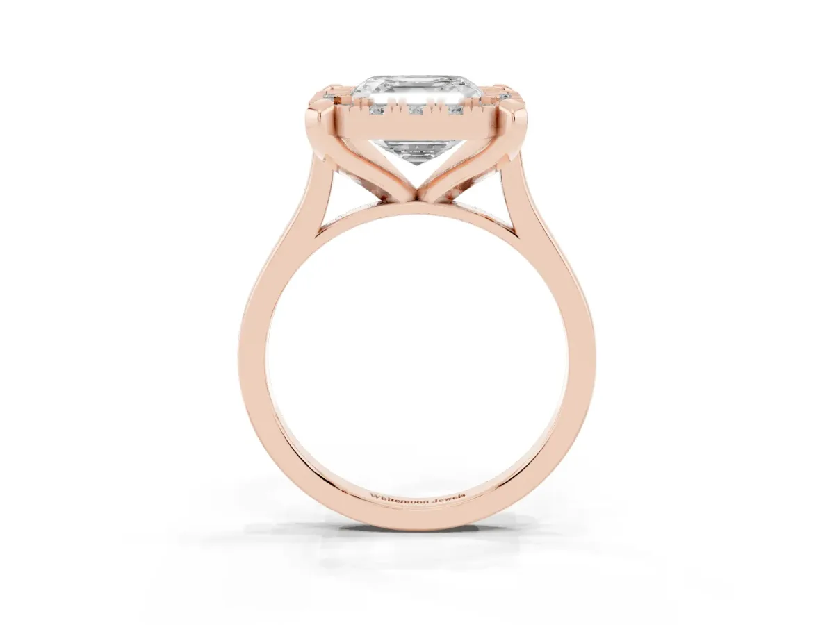 Asscher Cut Diamond Cluster Halo Solitaire with Four-Prong Setting Rose gold