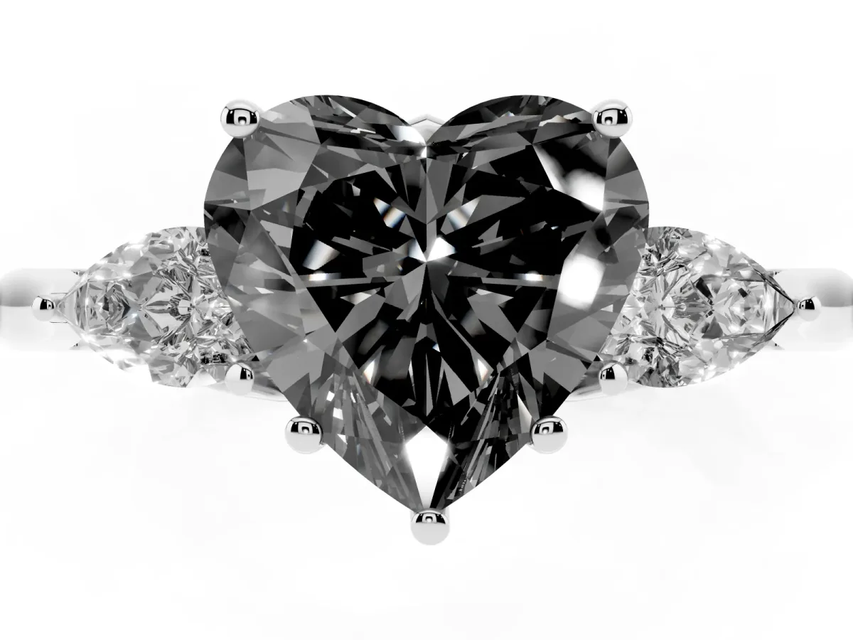 Fancy Black Heart Cut Diamond Three-Stone Ring with Pear Side Stones and Prong Setting Silver
