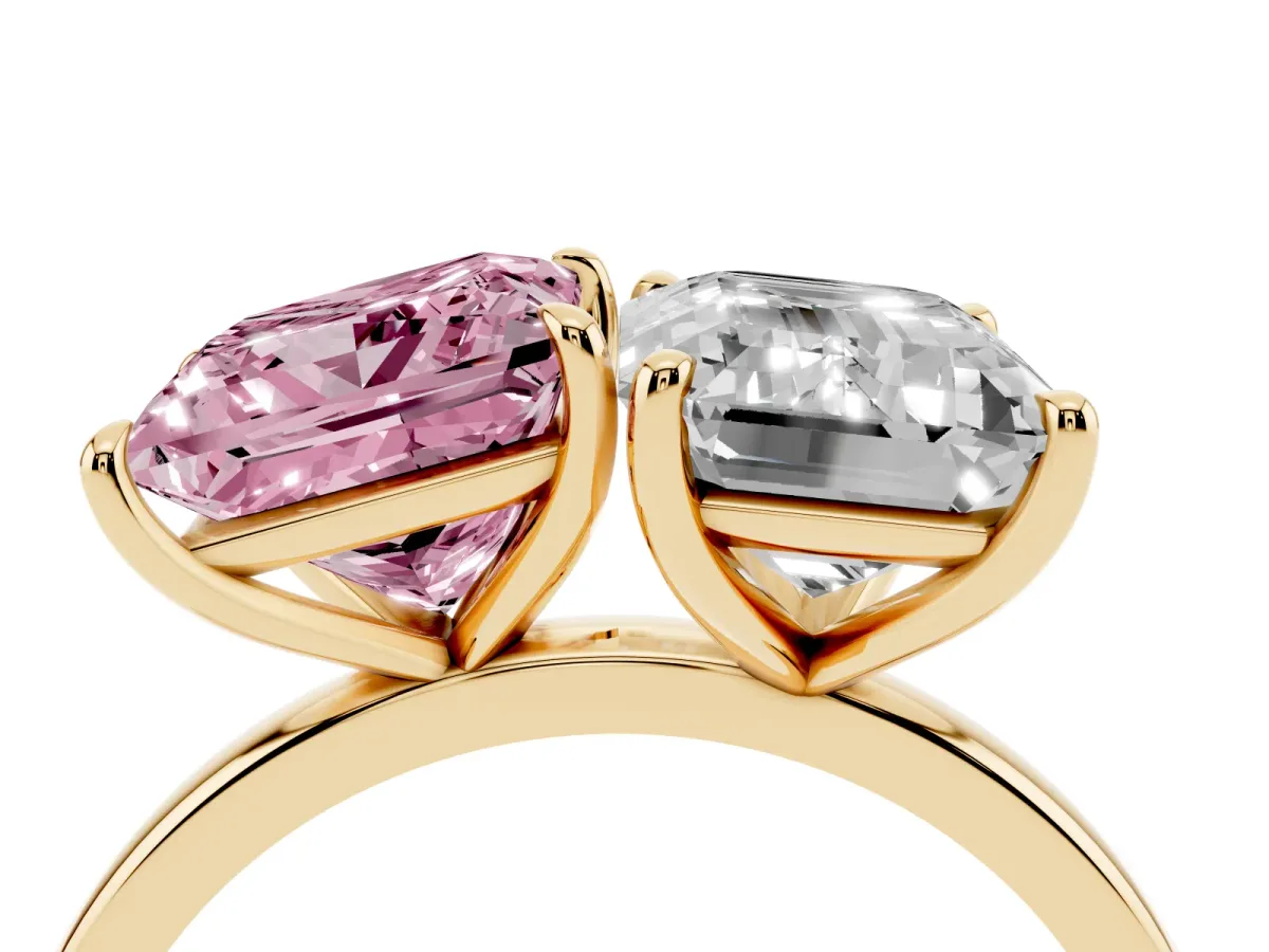 Fancy Pink Princess Cut and Emerald Cut Toi Moi Ring with Prong Setting Yellow gold