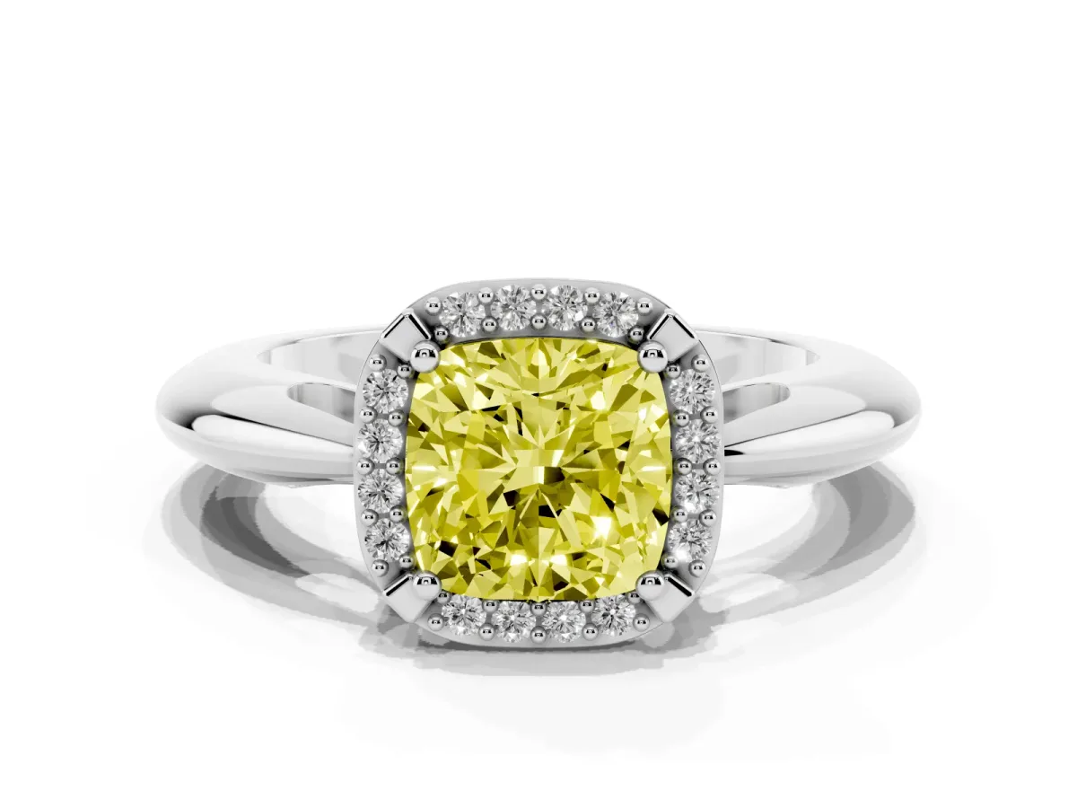 Fancy Yellow Cushion Cut Cut Diamond Halo Engagement Ring with Split Shank and Four-Prong Setting Platinum