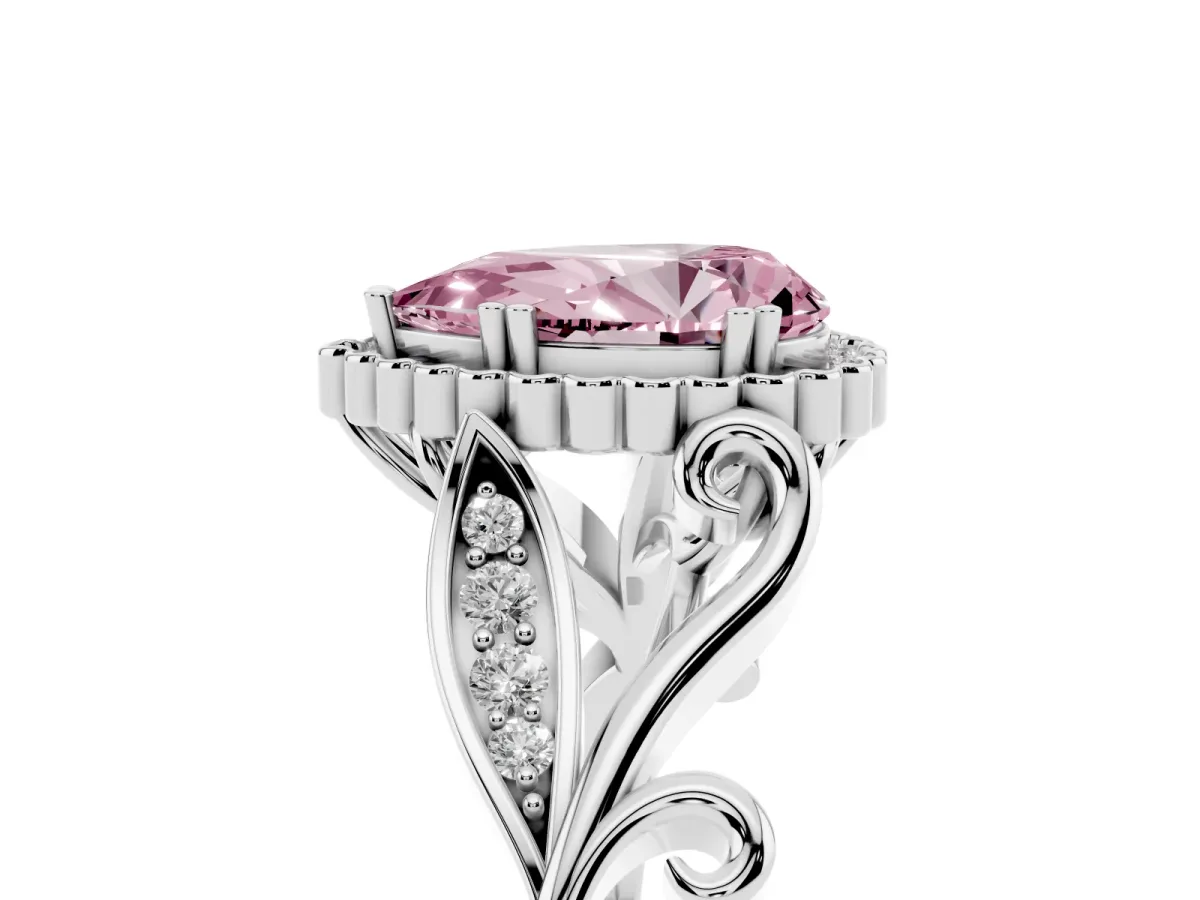 Fancy Pink Pear Cut Diamond Halo Ring with Vintage Split Shank and Four-Prong Setting Platinum