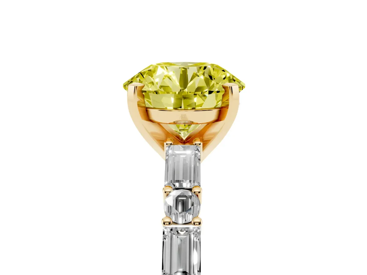 Fancy Yellow Round Cut Diamond Solitaire with Side Baguettes and Channel Set Band Yellow gold