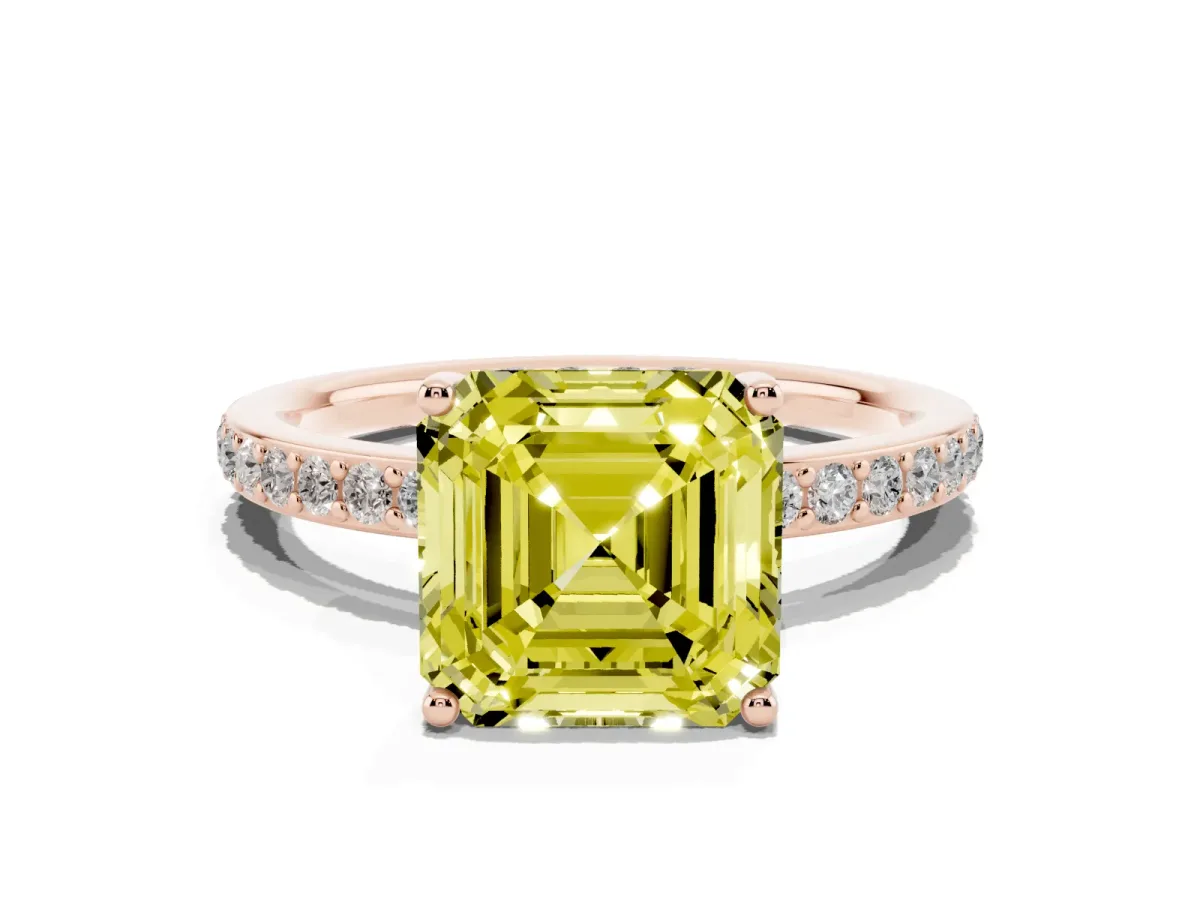 Fancy Yellow Asscher Cut Cut Diamond Pavé Band Ring with Four-Prong Setting Rose gold