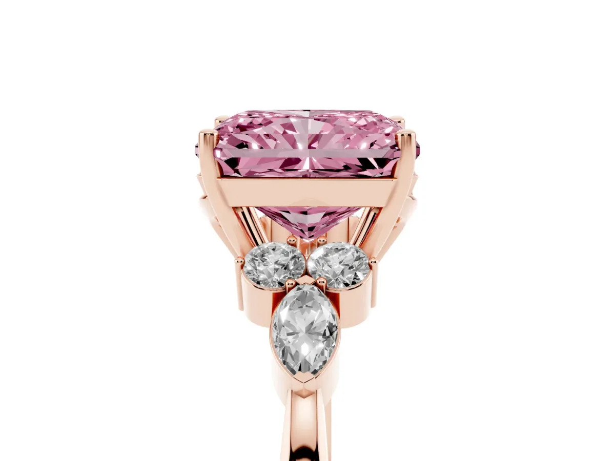 Fancy Pink Radiant Cut Brilliant Diamond Solitaire Ring with Pear Side Stones and Four-Prong Setting Rose gold