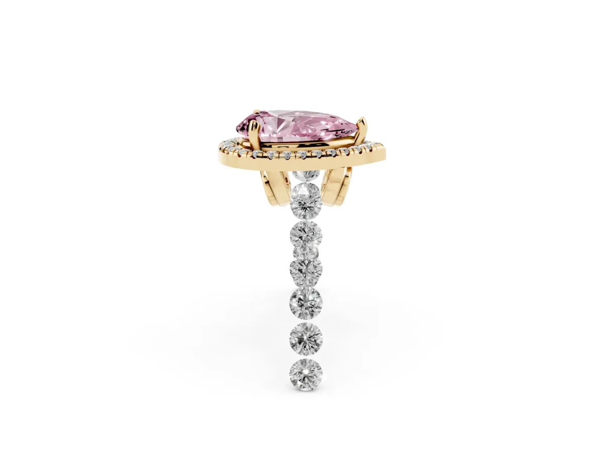 Fancy Pink Pear Cut Halo Pavé Diamond Engagement Ring with Four-Prong Setting Yellow gold