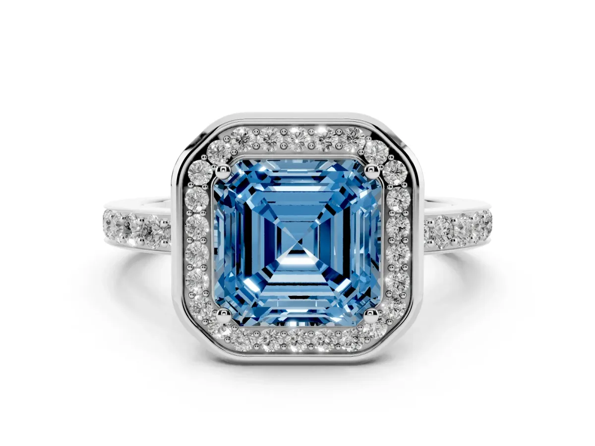 Fancy Blue Asscher Cut Diamond Halo Ring with Bezel Frame and Pavé Band Silver