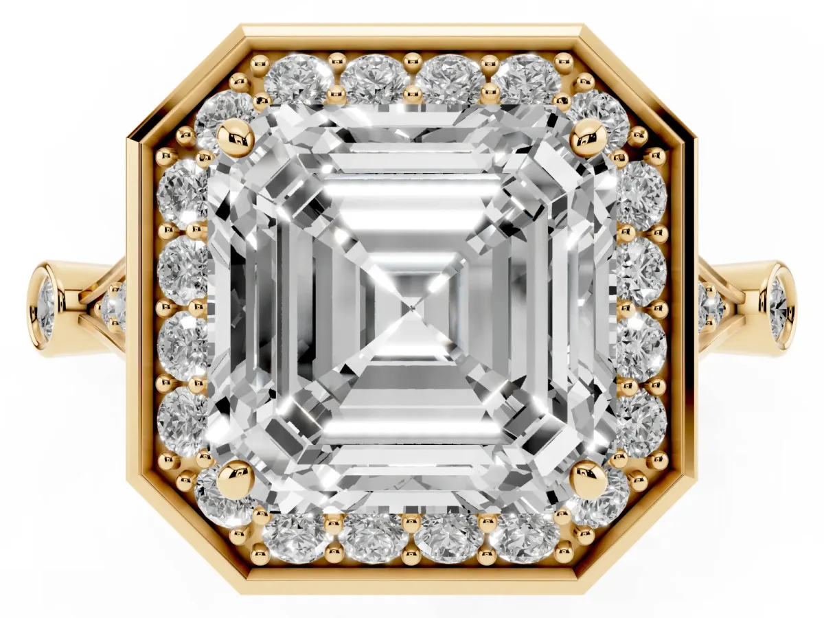 Asscher Cut Halo Diamond Engagement Ring with Twisted Band and Four-Prong Setting Yellow gold