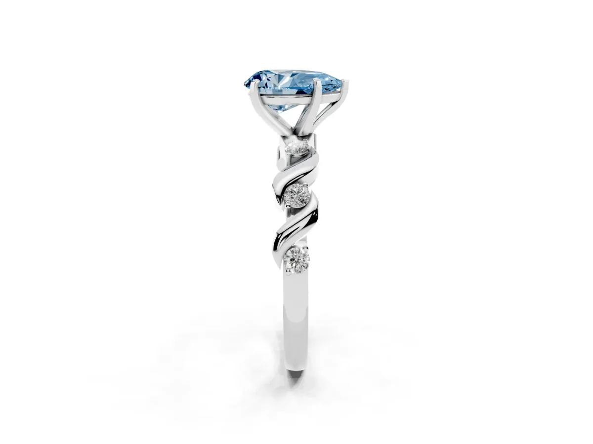 Fancy Blue Pear Cut Diamond Solitaire Twisted Band with Round Accents and Prong Setting Platinum