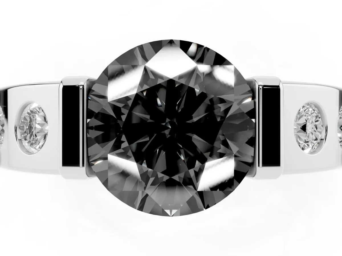Fancy Black Round Cut Brilliant Channel-Set Diamond Ring with Bezel Prong Setting Platinum