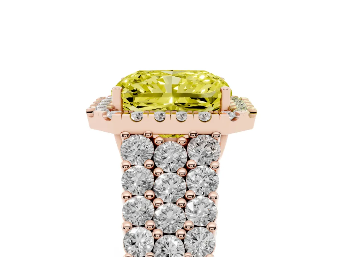 Fancy Yellow Radiant Cut Diamond Halo Engagement Ring with Triple Row Round Pavé Band and Prong Setting Rose gold