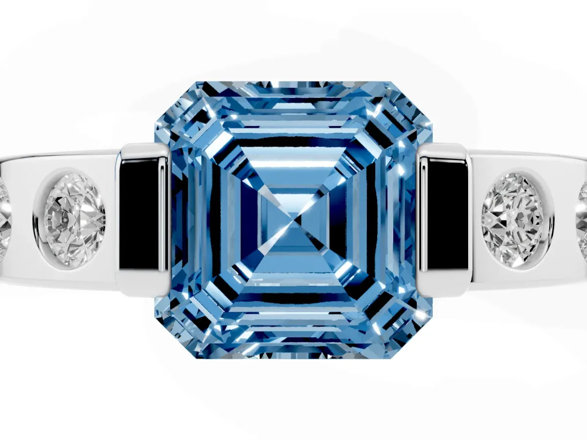 Fancy Blue Asscher Cut Brilliant Channel-Set Diamond Ring with Bezel Prong Setting Platinum