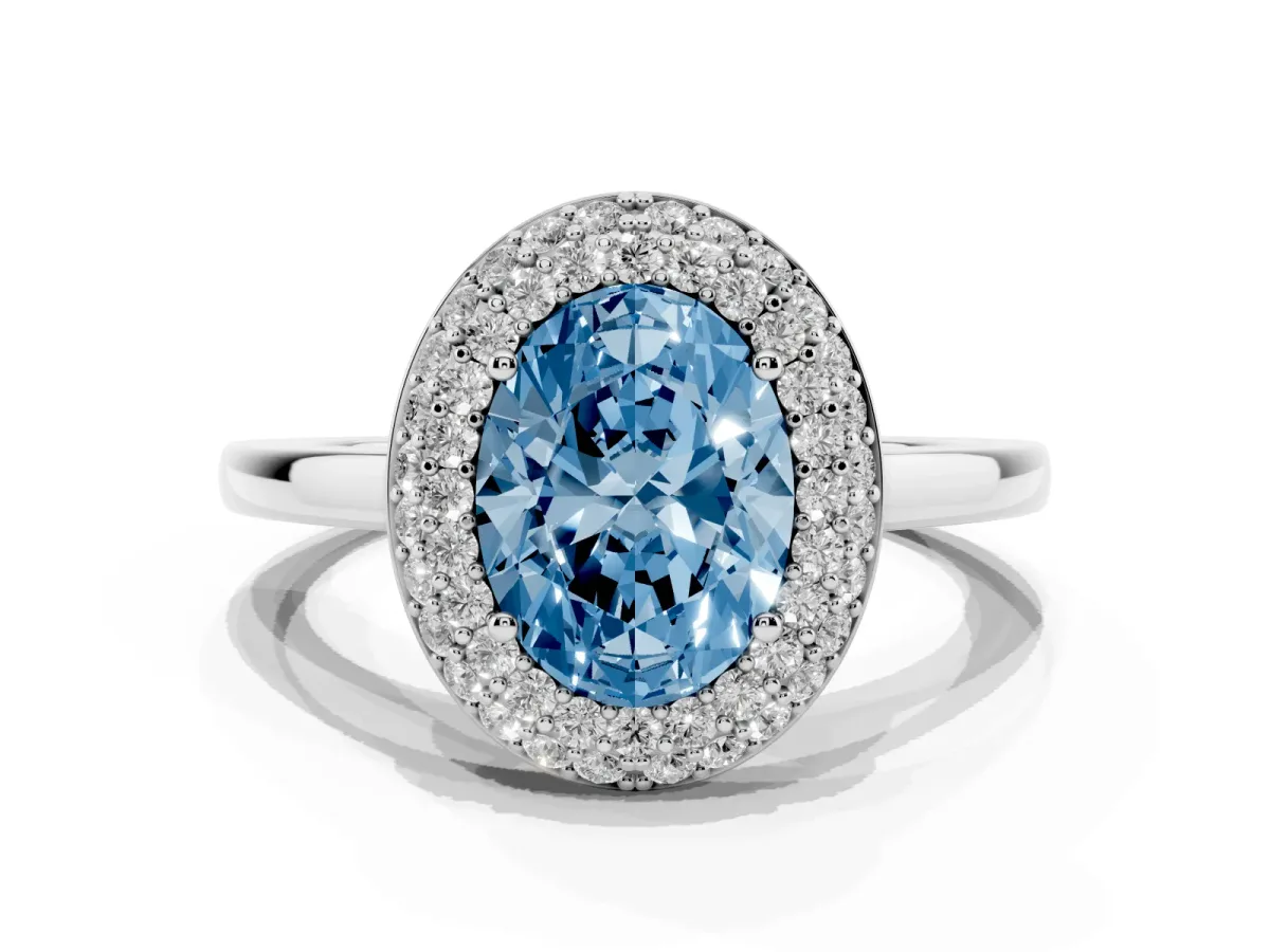 Fancy Blue Oval Cut Halo Diamond Engagement Ring with Solitaire Band and Four-Prong Setting Silver