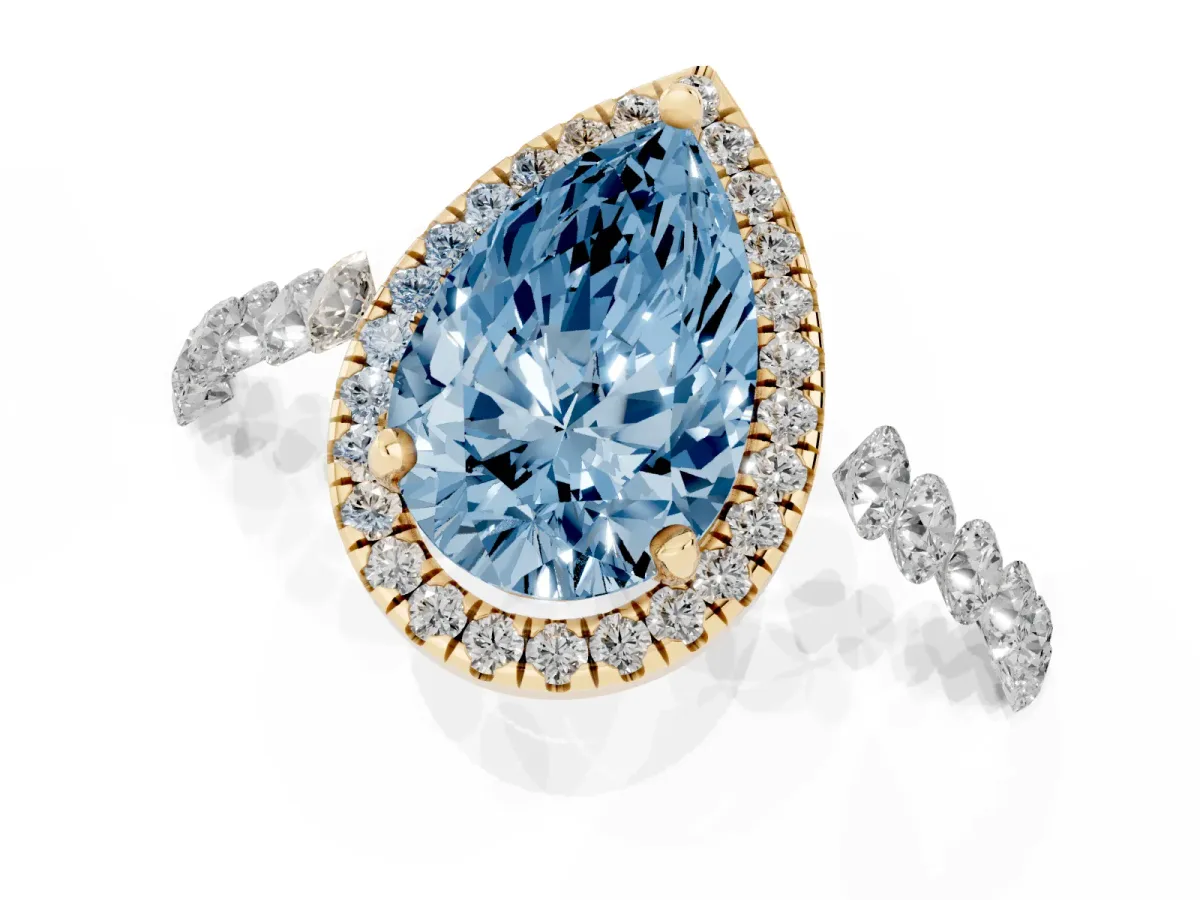 Fancy Blue Pear Cut Halo Pavé Diamond Engagement Ring with Four-Prong Setting Yellow gold
