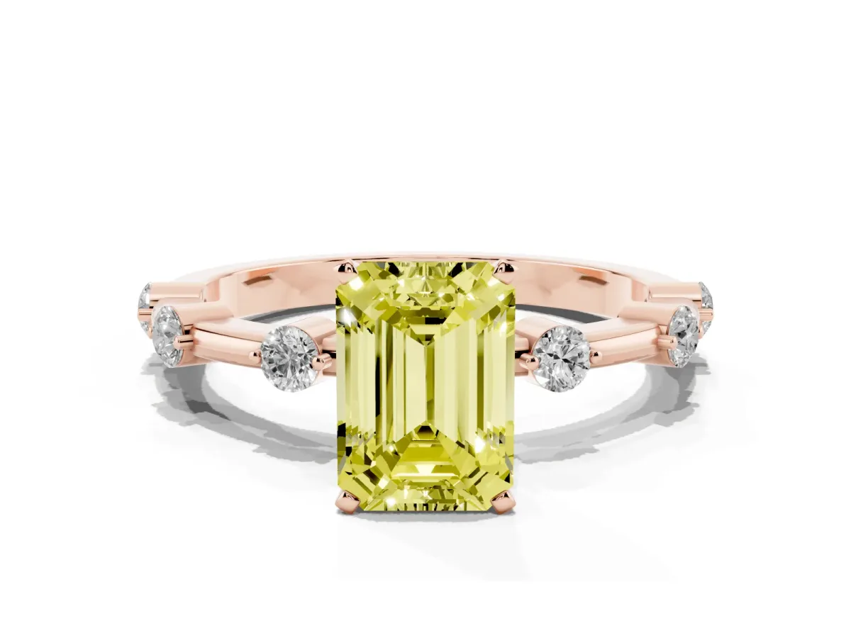 Fancy Yellow Emerald Cut Solitaire Diamond Ring with Bezel Set Side Stones and Prong Setting Rose gold