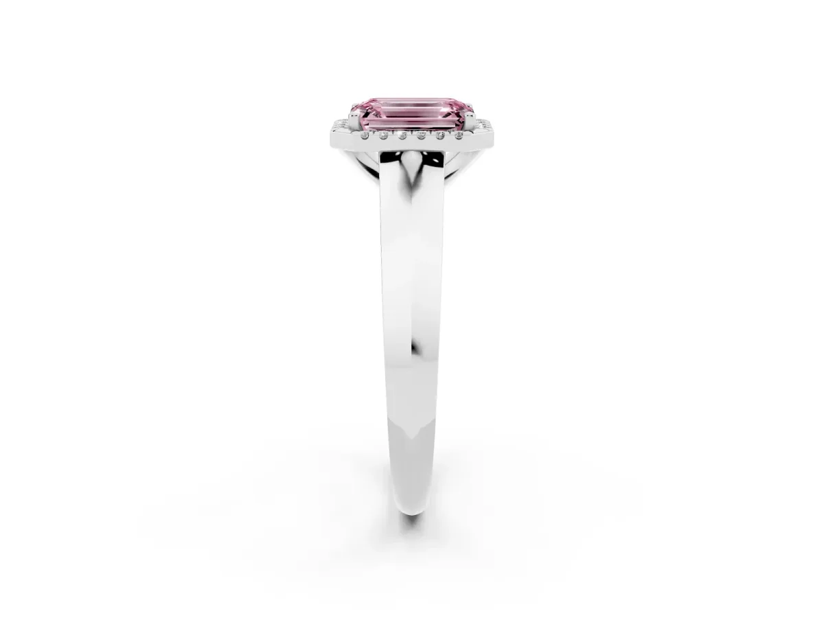 Fancy Pink Emerald Cut Halo Diamond Ring with Cathedral Band and Four-Prong Setting Silver