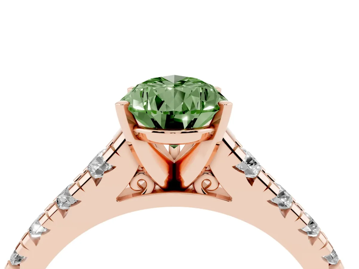 Fancy Green Pear Cut Diamond Cathedral Solitaire Ring with Round Pavé Band Rose gold